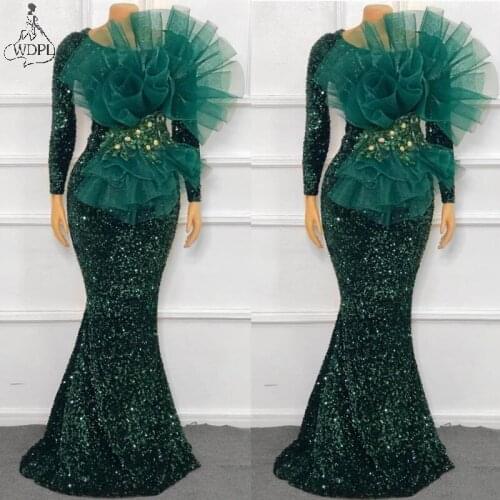 Emerald Green Sequin Prom Dresses Long Sleeves Mermaid Sparkle Evening Dresses African Aso Ebi Women Formal Gown vestidos
