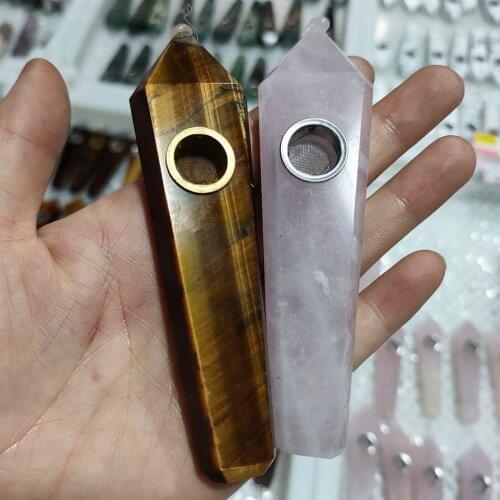 2pc Tiger Eye Stone Pipe Hand Polished Crystal Smoking Pipe Rose Quartz Home Decoration Healing Stone Christmas Gift