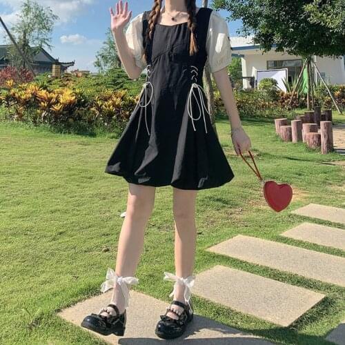 Sweet Girl Puff Sleeve Dress Women 2021 Summer Square Collar Bandage High Waist Mini Dresses Vestidos Elegant Lolita Fairy Dress