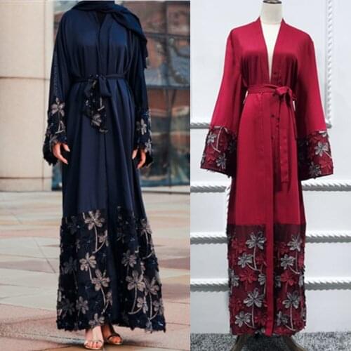 Muslim Open Abaya Dresses Dubai Kaftan Arab Islam Women Turkish Lace Patchwork 3D Fower Cardigan Robes Ramadan Islamic Clothing