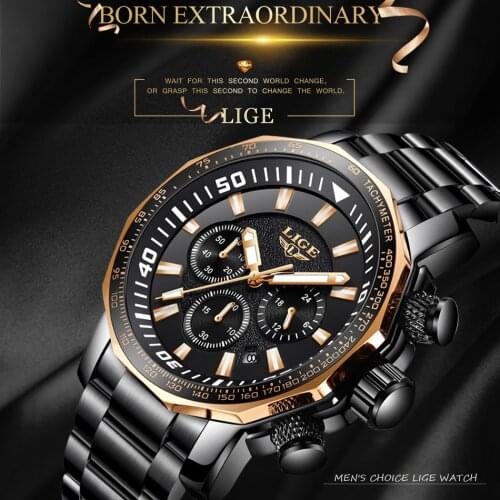 LIGE 2021 New 9871 Men Multifunction Business Sports Chronograph Luxury Big Dial Waterproof Steel Band Quartz Male Clock Watch