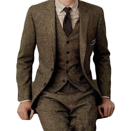Latest Coat Pant Designs Brand Brown Tweed Suit Men Set Slim Fit Custom Wedding Suits for Men 3 Piece farm wood Blazer Tuxedo