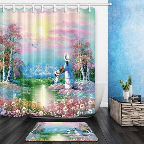 2Pcs/Set Colorful Flower Landscape Girl Printing Pattern Shower Curtain Set Waterproof +Non-slip Mat Toilet Bathroom Home Decor