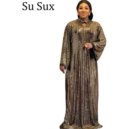 Gold Sequins African Dress Plus Robe African Clothes Hollow Out Collar Long Sleeve Maxi Dress Elasticity Partyclub Vestidos 2021