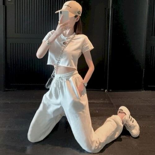 Casual Sports Fashion Suits Womens T-shirt Suits Net Trend Curled Short T Shirt and Trousers Two Piece Sets Women Aesthetic Sets