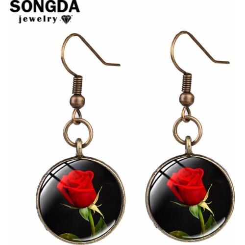 SONGDA Romantic Love Flower Earrings for Women Classical Red Rose Crystal Glass Dome Drop Earrings Birthday Valentines Day Gift