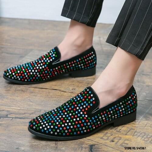 Luxury Designer Colorful Rhinestones Pointed Flats Oxford Shoes Men Casual Loafers Formal Dress Footwear Sapatos Tenis Masculino