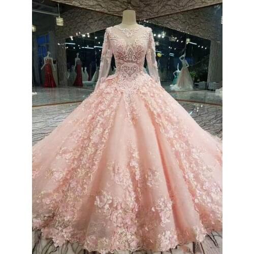 Luxury Pink New Designer Ball Gown Prom Dresses Long Sleeves Lace Appliqued Beads Dress Evening Wear Plus Size Custom Made