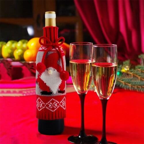 Christmas Santa Claus Bottle Set Cosplay Hairball Bowknot Wine Elk Santa Snowman Knitted Wine Set Gift Decoration 2021 New Style
