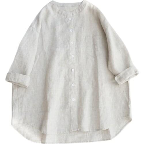 Pure linen simple stand collar 7-point sleeve shirt loose large solid color cardigan sun shirt versatile 0419