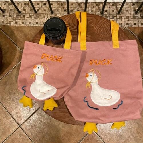 Cute Embroidered Duck Women Canvas Handbags Fashion Student Girls Travel Casual Tote Large Capacity Ladies Shopping Shoulder Bag