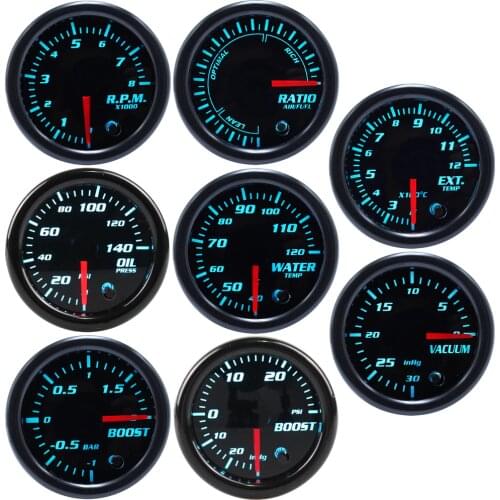 Car Gauge 52mm Tachometer RPM Turbo Boost Gauge PSI Vacuum Press Meter 12 Bar 7 Color LED Black Len Ext Temp Gauge Pod Holder