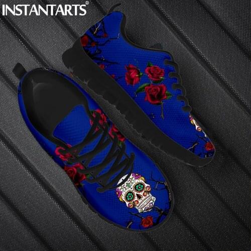 INSTANTARTS Spring Autumn Warm Soft Flat Shoes Gothic Floral Sugar Skull Printed Women Casual Sneakers Comfort Lace up Zapatos