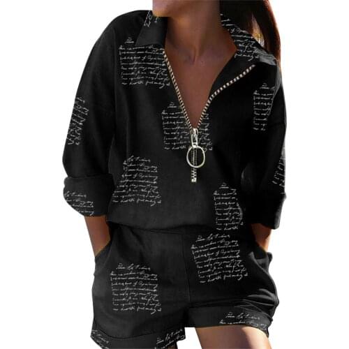 Zipper Print Letters Women Shorts Set Long Sleeve Western Style Funny Ladies Top Tees Casual Loose Fashion Pocket Female Blouses