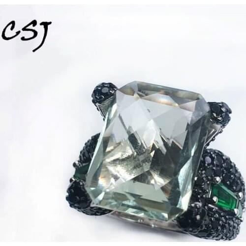 CSJ Natural Green Amethyst Ring Sterling 925 Silver Birdnest Cut Gemstone Supper Fine Jewelry For Women And Man Party Gift Box