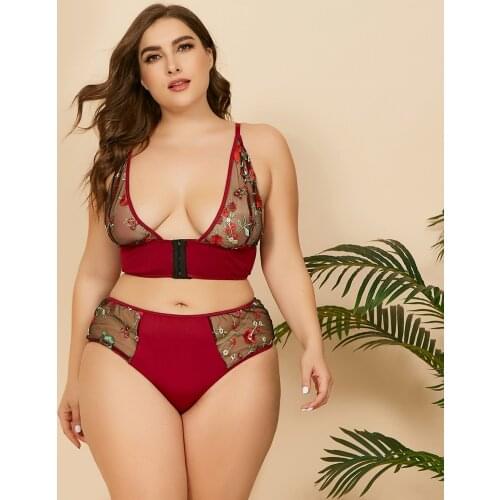 Plus Size Sexy Lingerie Front Closure Wireless Bra Women Panty Mesh Bralette -40