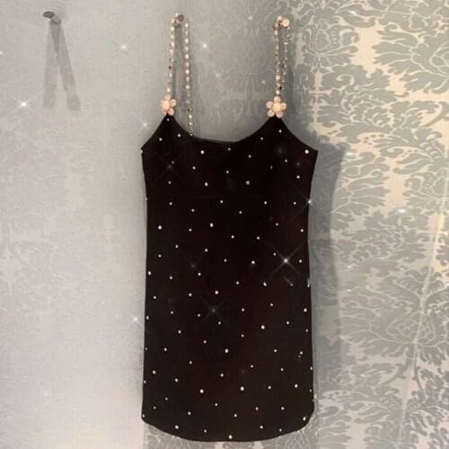 French style summer Rhinestones Pearl spaghetti strap dress women sleeveless black party a-line dress
