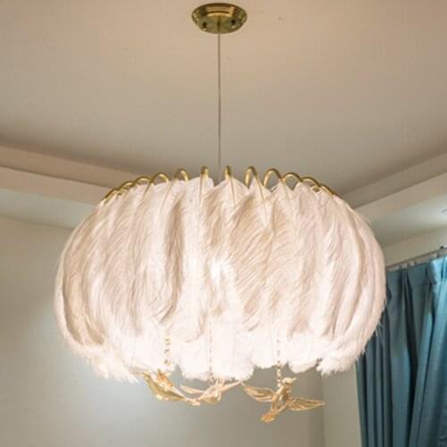 American Pastoral white feather chandelier living room Princess bedroom Nordic modern crystal crystal bird Chandelier