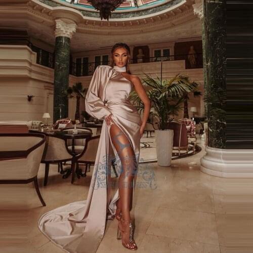 Fashion One Shoulder Khaki Satin Prom Dress Sexy High Side Split Mermaid Prom Party Gowns With Train 2021 Trendy Pageant Dresses