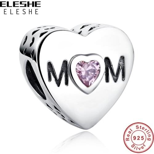 Authentic 100% 925 Sterling Silver Heart MOM Letter Clear CZ Charm Fit Charm Bracelet DIY Jewelry Mother Gift