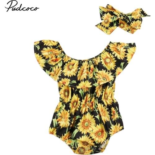 2018 Brand New Newborn Infant Baby Girls Summer Bodysuit 2PCS Off Shoulder Short Sleeve Sunflower Ruffled Jumpsuits+Headband