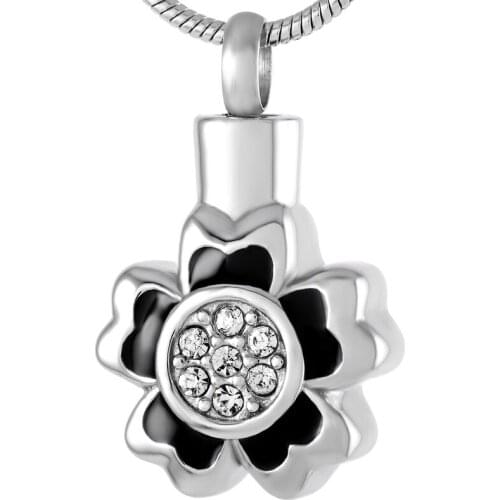 IJD9212 Hold Clear Crystal &Black Enamel Flower Cremation Ashes Pendant - ENgravable Stainless Steel Memorial Urn Necklace Women