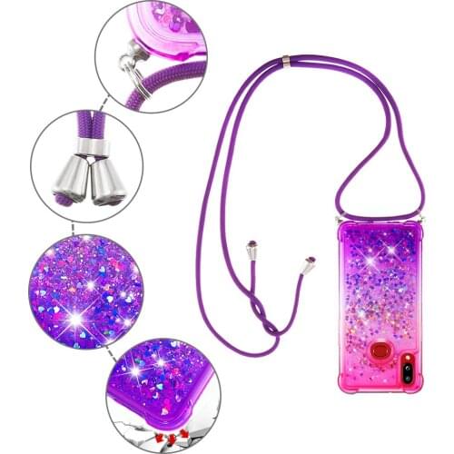 Gradient Crossbody Phone Strap Case For Samsung Galaxy A10s Glitter Liquid Quicksand Air Cushion Reinforced Corners Cover