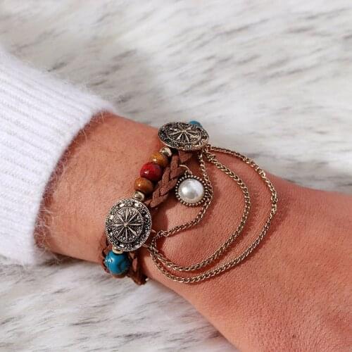 European American Retro Fashion Hand-woven Chain Link Beaded Composite Bracelet Fashion Jewelry Cow Leather Braided Bracelet