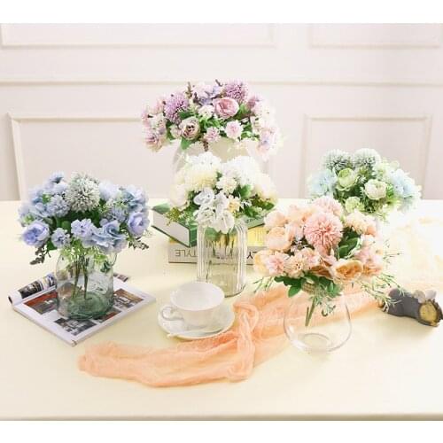 7 Heads Hydrangea Flowers Bouquet Artificial Multicolor Tea Roses Vases Fake Peony Bridal Hand Flowers Wedding Home Decoration