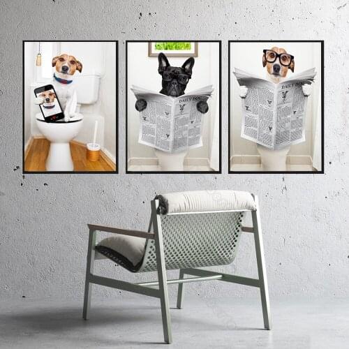 Animals Pictures Canvas Painting Wall Poster Cute Dogs Wearing Glasses Read Newspaper On The Toilet for Home Rooms Decoration