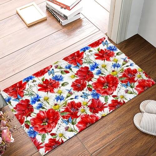 Red Poppy Daisy Flower Doormat Bedroom Kitchen Floor Mat Bathroom Anti-Slip Rug Home Doormat for Entrance Door
