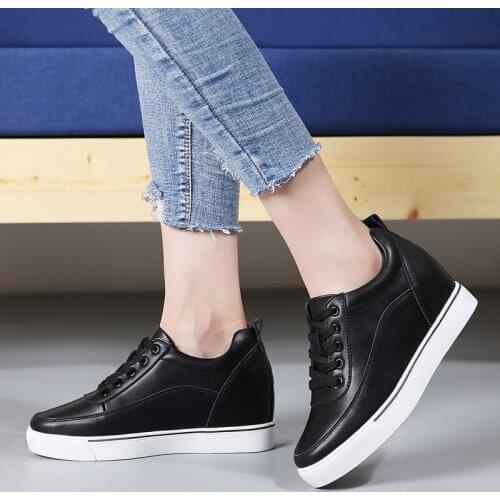 Genuine Leather Shoes Women High Heel Sneakers Platform Womans White Shoes Female Sneaker Vrouwen Hidden Wedge Sneakers