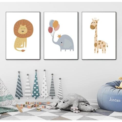 Cute Cartoon Lion Elephant Giraffe Alpaca Posters and Prints Animal Wall Art Canvas Painting Wall Pictures Kids Child Room Decor