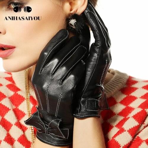 Fashion bow leather gloves women warm gloves female winter hit color sheepskin gloves short women leather gloves - L055