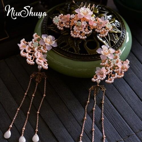 NiuShuya Retro Chinese Costume Hanfu Hair Accessories Bride Classical Pink Flower Princess Hairpin Comb Headdress
