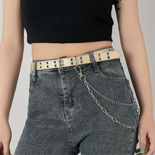 New productsonline,Womens double-row thinleather beltcasual chainpunk decorative beltfashionableeyeletbuckle belt,femininetrend