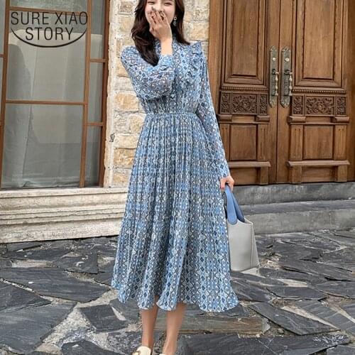 Sweet Stand Collar Floral Pleated Chiffon Dresses Spring 2021 Fashion with Base Dress Women Long Sleeve Empire Midi Party Dress