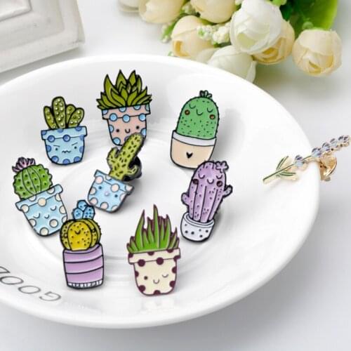 Cute Potted Plants Cactus Prickly Pear Aloe Succulent Plants Enamel Metal Brooches Lapel Pins Bag Clothes badges For Kids