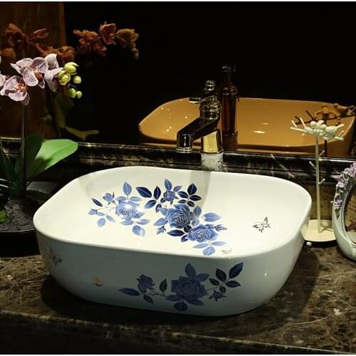Bathroom Lavabo Ceramic Counter Top Wash Basin Cloakroom Hand Painted Vessel Sink blue and white cceramic bathroom sink oval