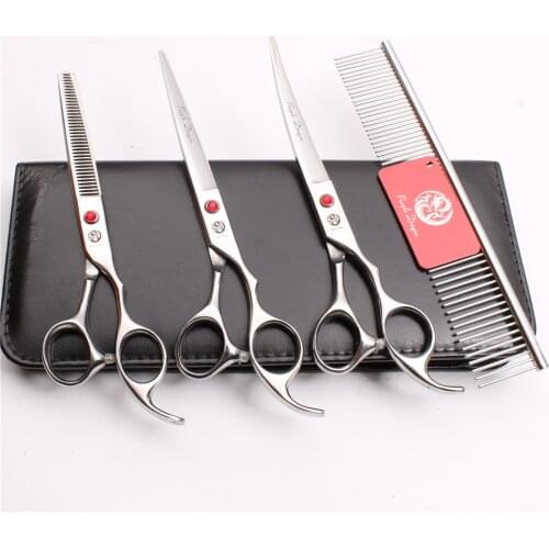 Z3003 4Pcs 7.0'' Silvery Steel Comb + Cutting Shears + Thinning Scissors + UP Curved Shears Professional Pets Hair Scissors Suit