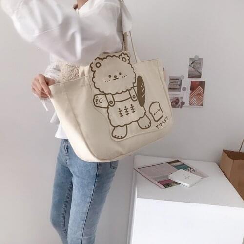 Women Canvas Shoulder Bag Cute Bear Print Handbag Cotton Cloth Big Tote Large Capacity Kawaii Books Bag Shopping Bags For Ladies