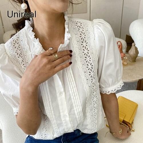Unireal 2021 Summer Vintage Women Embroidery Blouse Shirt Short Sleeve Hollow Out White Lace Ruffle Blouse Tops