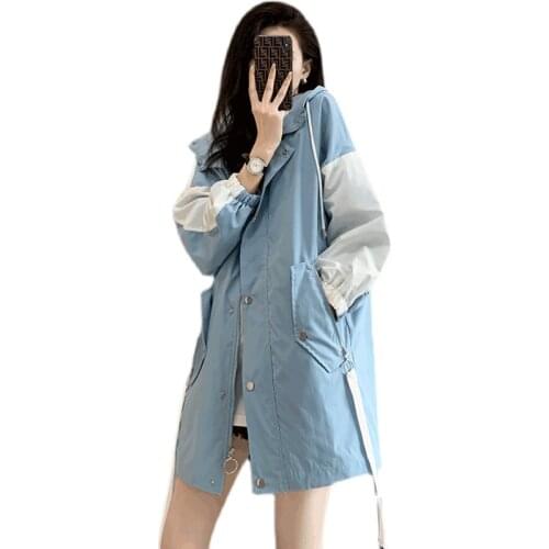 Korean Windbreaker Ladies Autumn Clothes New 2021 Fashion Long Sleeve Hooded Patchwork Causal Trench Coat For Women Abrigo Largo