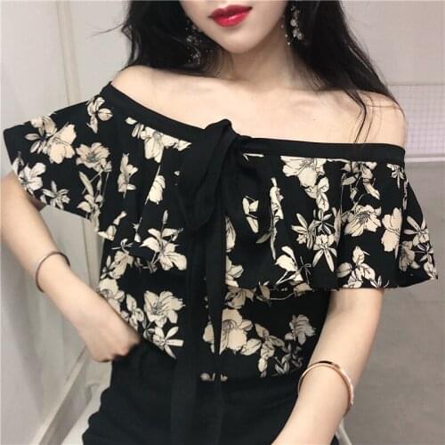 2021 New Summer Floral Halter Chiffon Blouse Cottagecore Sexy Off Shoulder Slash Neck Blouses Female Floral Print Tops Women