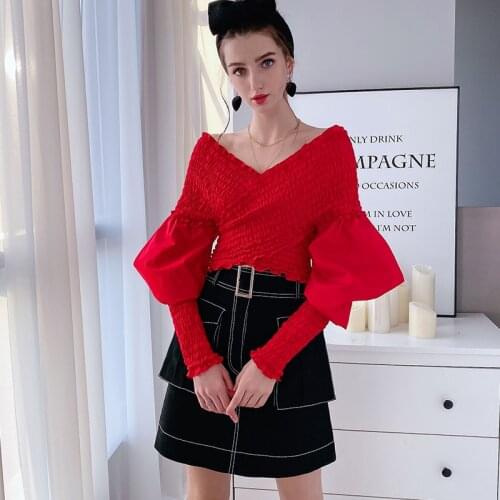 Dabuwawa Asymmetrical Neck Off Shoulder Solid Shirts Women Slim Fit Party Sexy Pullover Lantern Sleeve Blouses Female DT1AST030