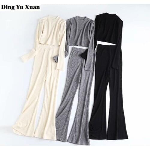 2 Piece Sets Womens Casual Outfits Tracksuits Sweat Suits Knitted Basic Crop Top and High Waist Flare Pants Set Black Grey Beige