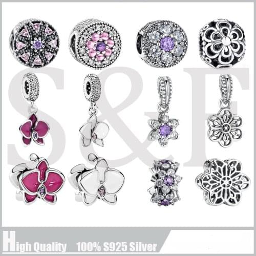 100% Real 925 Sterling Silver Flower Charms White Orchid Dangle Charms Fit Original Pandora Bracelet Diy Jewelry