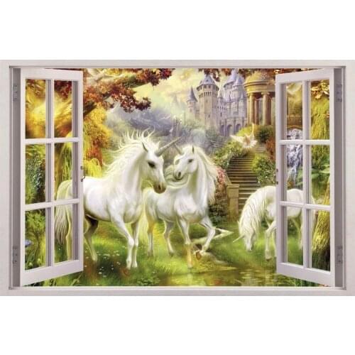 Free shipping Unicorn Garden Window 3D Wall Decal Art waterproof Removable Wallpaper Forest Mural Sticker Vinyl Home Decor