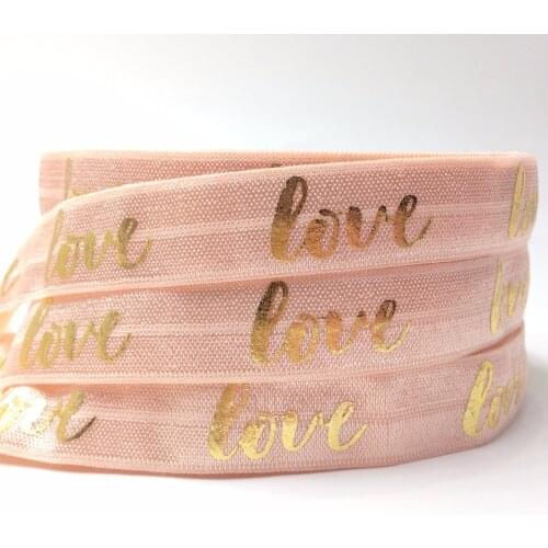 Good Quality Love Print Fold Over Elastic 5/8" Peach FOE Elastic Ribbon 10 yards for Hair Tie Accessory Bracelet DIY Head wear