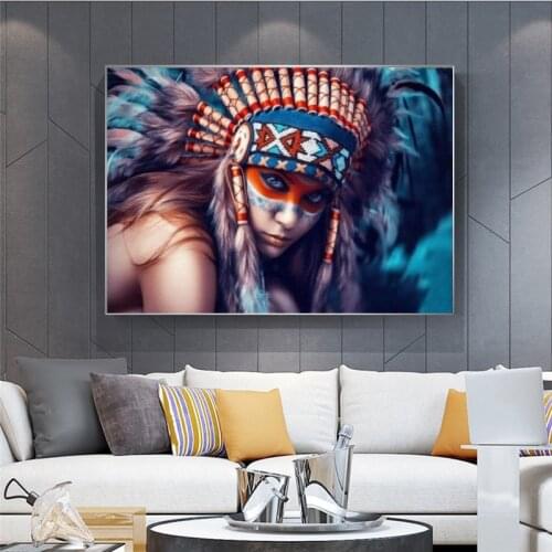 Indian Tribal Woman Posters and Prints Color Feather African Girls Canvas Painting Modern Art Wall Living Room Home Decoration
